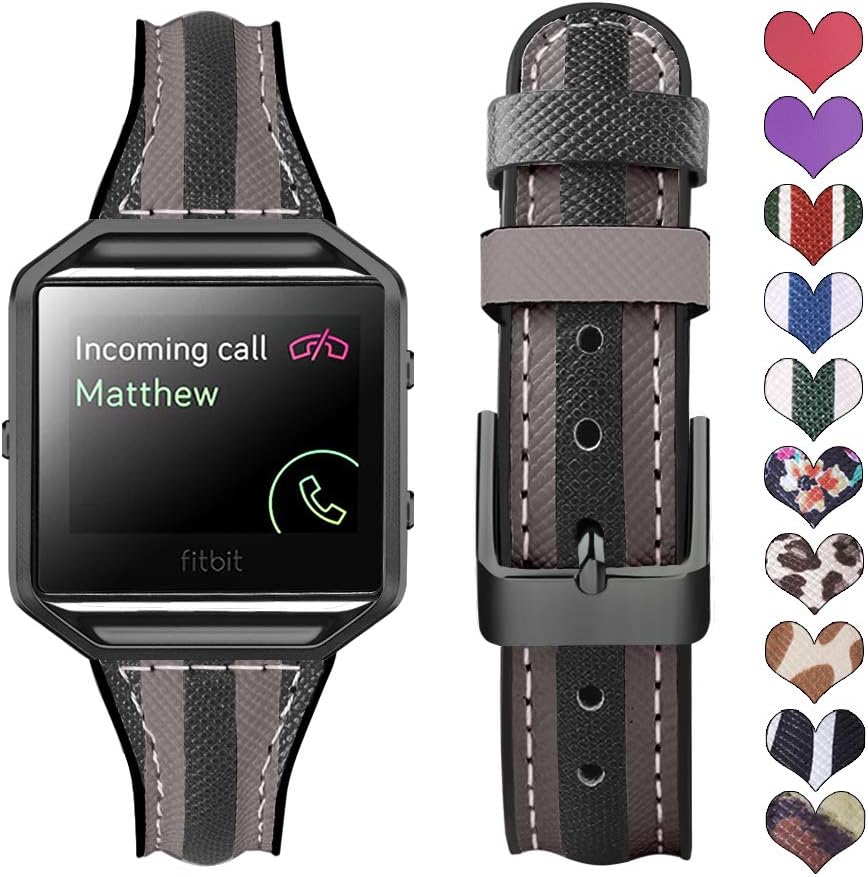 Dsytom Leather Silicone Band Compatible with Blaze Bands,Sweatproof Slim Sport Strap Replacement Band with Metal Frame for Women(Black Gray Stripe)