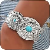 VIEKYBUTTY Vintage Bohemian Turquoise Cuff Bangle - Zinc Alloy Turquoise Decor Textured Oval Cuff Bracelet | Adjustable Silver Boho Bangle jewelry for Daily Wear & Special Occasions