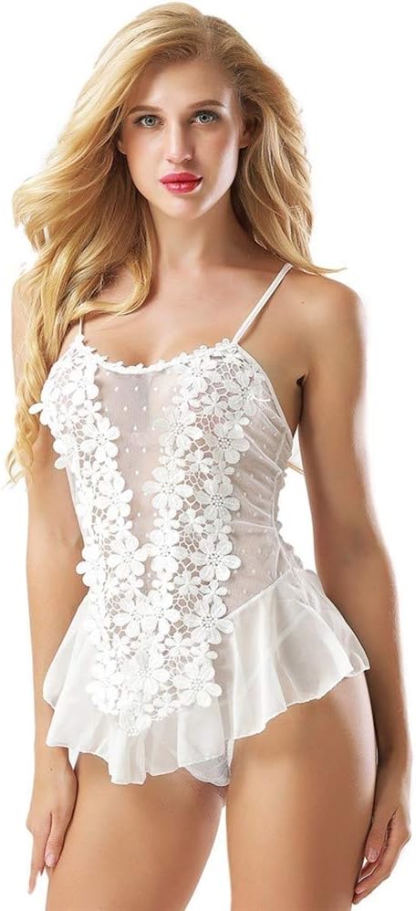 Women Sexy Corset Sling Lingerie Lace Babydoll Deep V See-throgh Female Bodysuit WENLQF (Color : White, Size : XL)