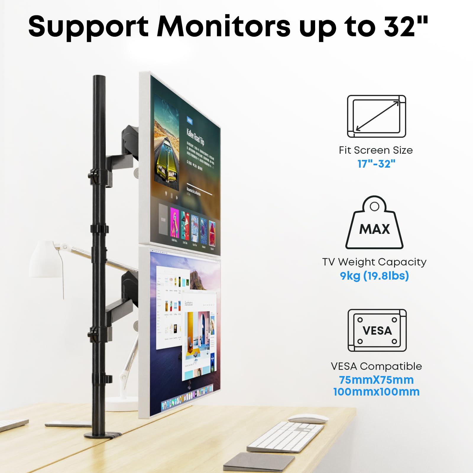 17-32'' Vertical Monitor Stand, 34.9'' Long Pole Stand, Max Load 19.8 lbs, Adjustable Tilt/Swivel/Rotate WORLDLIFT Dual Stacked Monitor Mount, VESA 75 * 75/100 * 100mm