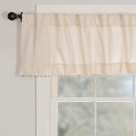 Amazon Com Olivia Valance W Macrame Pompom Accent 72 Wide X 16 Long Natural Cream Linen Cotton Kitchen Or Bedroom Curtains Boho Modern Country Vintage Cottage Farmhouse Style Kitchen Dining