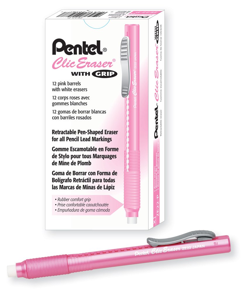 Pentel ZE22P, Clic Eraser Grip, Retractable Eraser, Pink Barrel, Box of 12