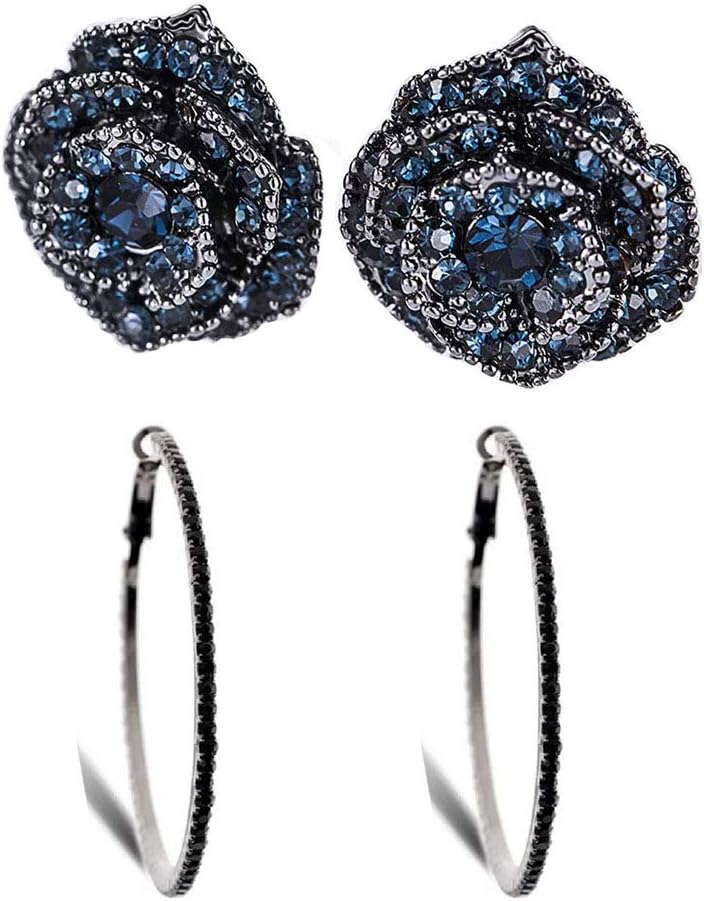 Silver Plated Rose Flower Earring Black Blue Crystal Women Fashion Enchanted Stud Earrings Rhinestone Teardrop Flower Earrings