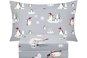 BYSURE Twin Sheets Set Kids(Penguin, Grey), 3 Pieces Easy Fit Deep Pocket Sheets Set, Breathable Wrinkle-Free Microfiber Bedding for Children