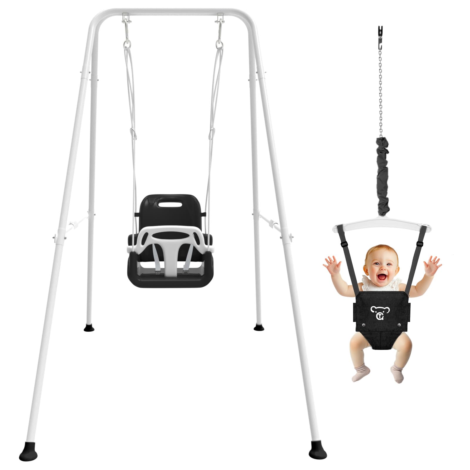 Photo 1 of 2 in 1 Toddler Swing & Baby Jumper, Foldable Baby Jumper with Soft Cushion, Foldable Indoor & Outdoor Use, Easy to Install & Store Swing Sets for Backyard Play (Black)