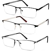 JJWELL 3 Pack Mens Reading Glasses Blue Light Blocking, Metal Rectangle Semi Rimless Readers for Men, Anti Eyestrain/Computer Glare/UV, Half Frame Spring Hinge Eyeglasses with Pouches(2.00)