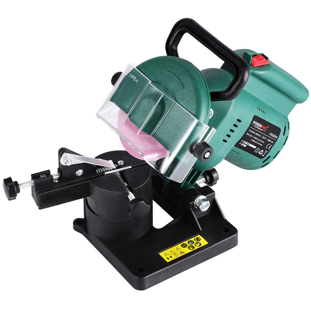 POSENPRO 220W Corded Electric Chainsaw Sharpener Grinder Work with a Grind Angle of 35° Left to Right, 100MM Grinding Wheel Included