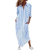 chouyatou Women's Summer 3/4 Sleeve Striped Shirt Dress Business Casual Half Zipper Maxi Long Beach Dress