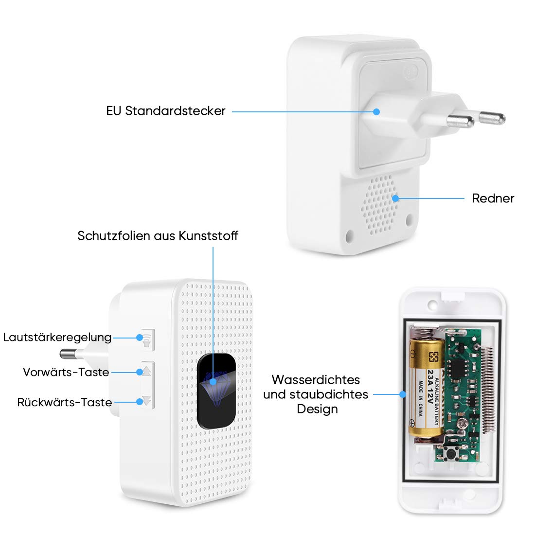 Funkklingel Wasserdicht,Kabellose Türklingel batterie 300m Reichweite und 55 Klingeltönen,5 Lautstärkestufen (0db-110db),mit LED Anzeige