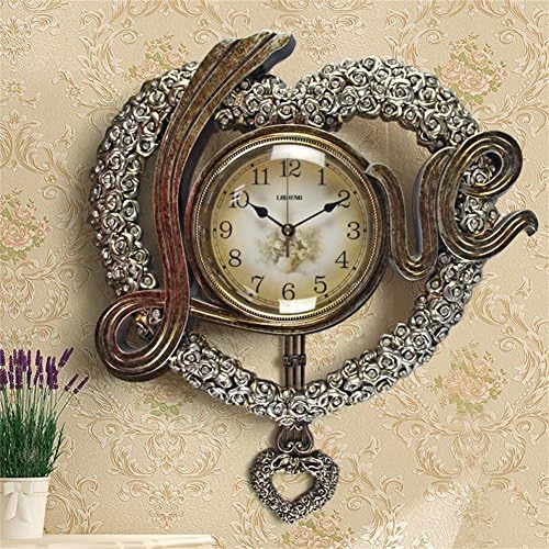 Lares Domi Vintage Style Love Theme Quiet Movement Heart-shaped Crystal Incrusted Pendulum Wall Clock, Silver-Gold Colors