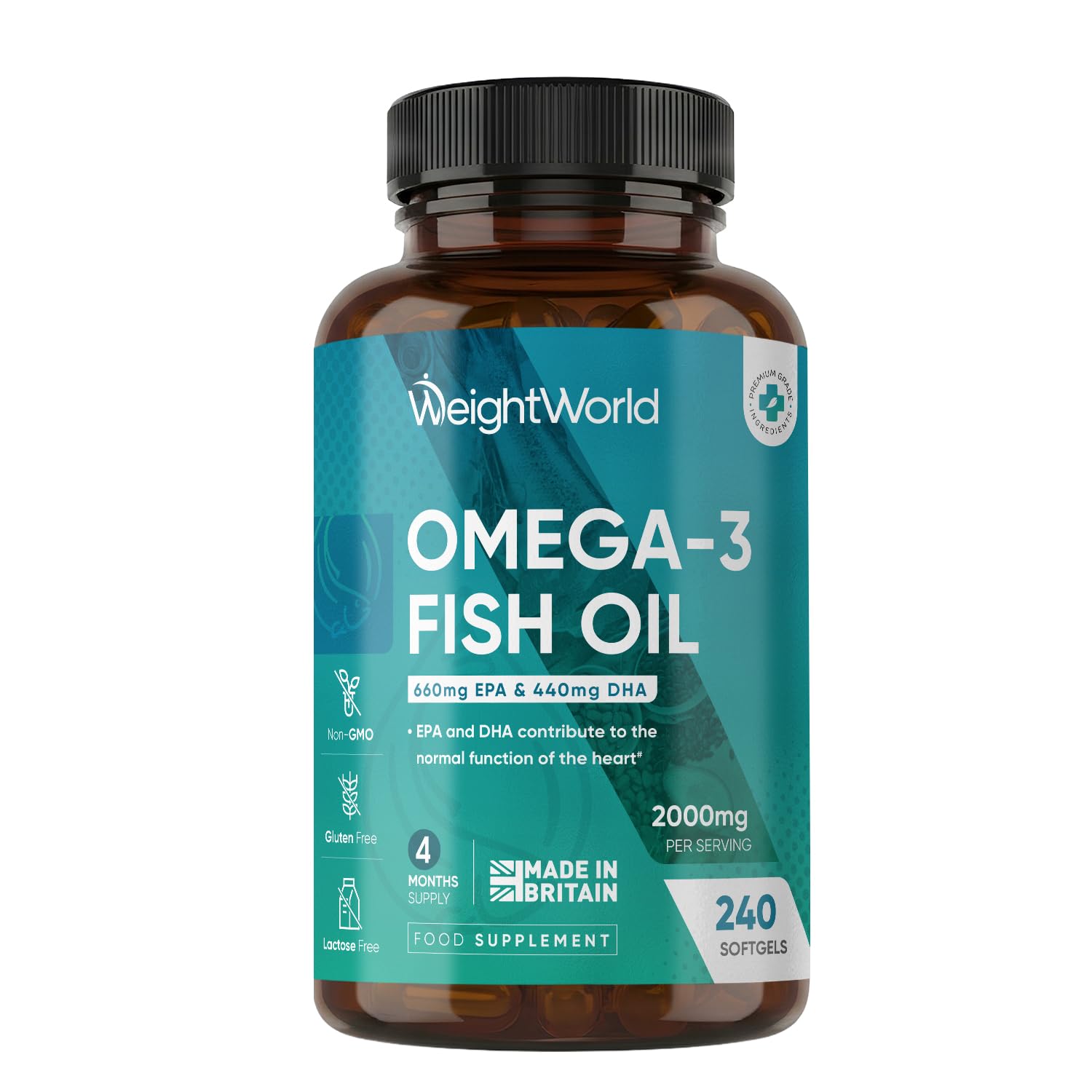 Omega 3 Fish Oil 2000mg - 240 Softgels (4 Months Supply) - 660mg EPA & 440mg DHA - Omega 3 Fatty Acids Supplements - Fish Oil Capsules - Made in the UK - Gluten-Free & Lactose-Free Capsules
