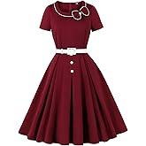 Wellwits Women's Bow Neck Color Block Vintage Cocktail Formal Work Dress