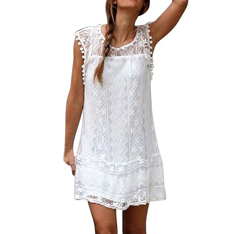 Hirolan Kleider Damen Frühling Sommer Herbst Kleider Spitze Lange Ärmel Schulterfreies Kleid Weißes Strandkleid Swing Boho Ca