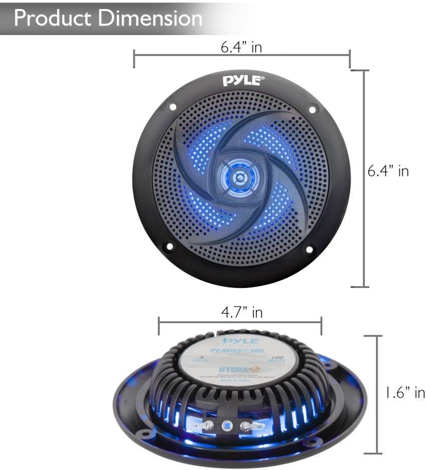 Pyle Marine Speakers - 5.25 Inch 2 Way Waterproof and Weather Resistant Outdoor Audio Stereo Sound System with LED Lights, 180 Watt Power and Low Profile Slim Style - 1 Pair - PLMRS53BL (Black)