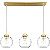 JAZAVA 3-Light Gold Linear Chandelier, Globe Kitchen Island Lighting, Modern Pendant Light with Clear Glass for Dining Room L