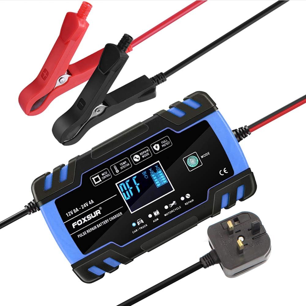 Voupuoda F0XSUR 12V 24V Pulse Repairing Charger with LCD Display Motorcycle & Car Battery Charger AGM GEL WET Lead Acid Battery Charger