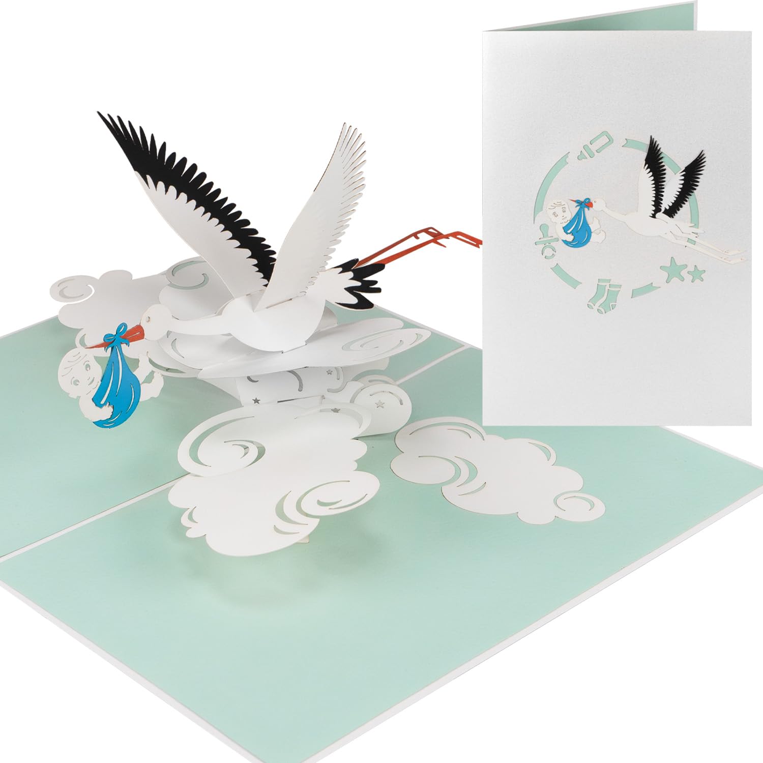Sweetpopup® 3D Stork & Baby Pop-Up Card - Handmade with Premium Metallic Paper, Perfect for Baby Boy Congratulations, Good Luck, Welcome to the World Greetings, or Gift Vouchers (053)