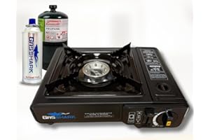GAS SHARK Dual Fuel Propane or Butane Portable Stove | 12,000 BTUs | Camping Stove | Outdoor Cooking and Emergency Kit | Propane Hose and Carrying Case Included