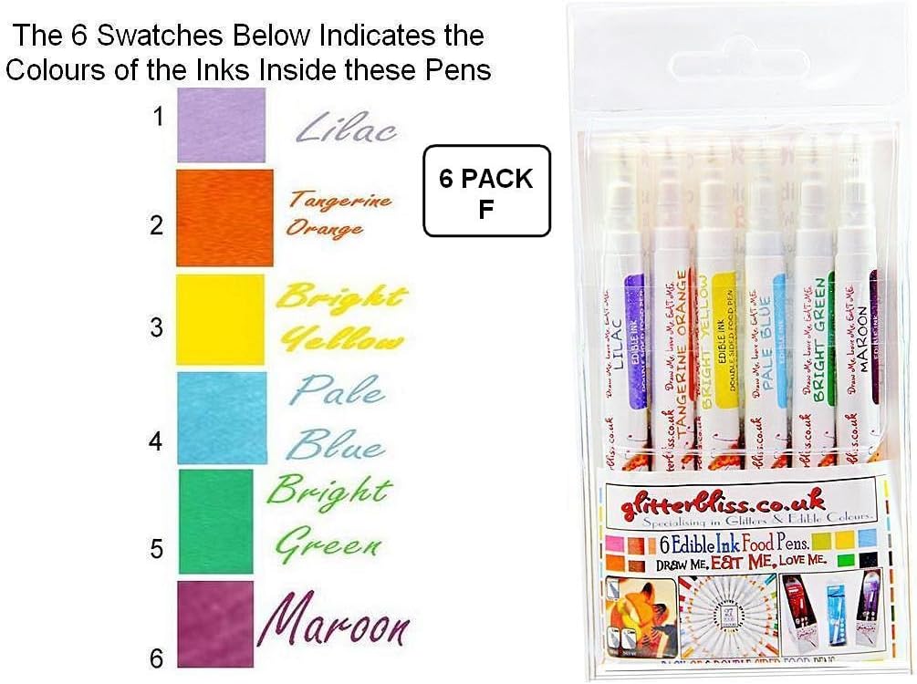 6 Pack F - In A Clear Handy Plastic Pouch - Food Colouring Pens Double Sided- 2.5mm Thick Nib & 0.5mm Fine Nib (6 Pack F)