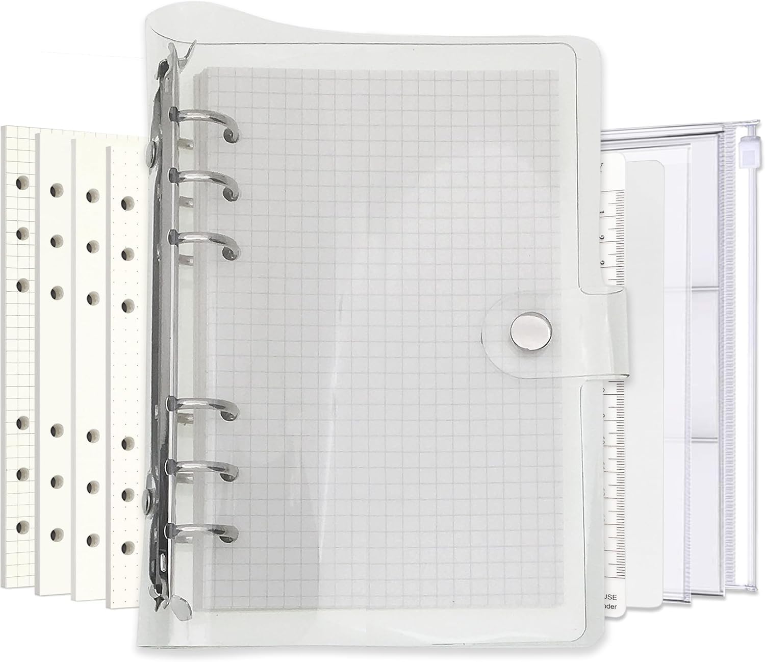 A6 A5 6-Holes Colorful PVC Cover Round Ring View Binder with Snap Button Closure File Folder (White, A6 Combo)