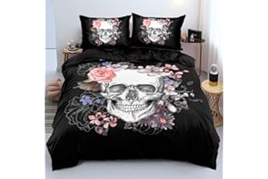 Holiyjog Classic Skull and Roses Duvet Cover Set Queen Size Gothic Skull Bedding Set Skeleton Bones Comforter Cover for Kids Adults Women Room Decor
