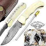 Pocket Knife Camel Bone 6.5'' Damascus Steel knife Brass Bloster Back lock Folding Knife 100%Prime Quality+Buffalo Horn Stainless Steel Small Pocket Knife +Sharpening Rod+ Pocket knives Leather Sheath