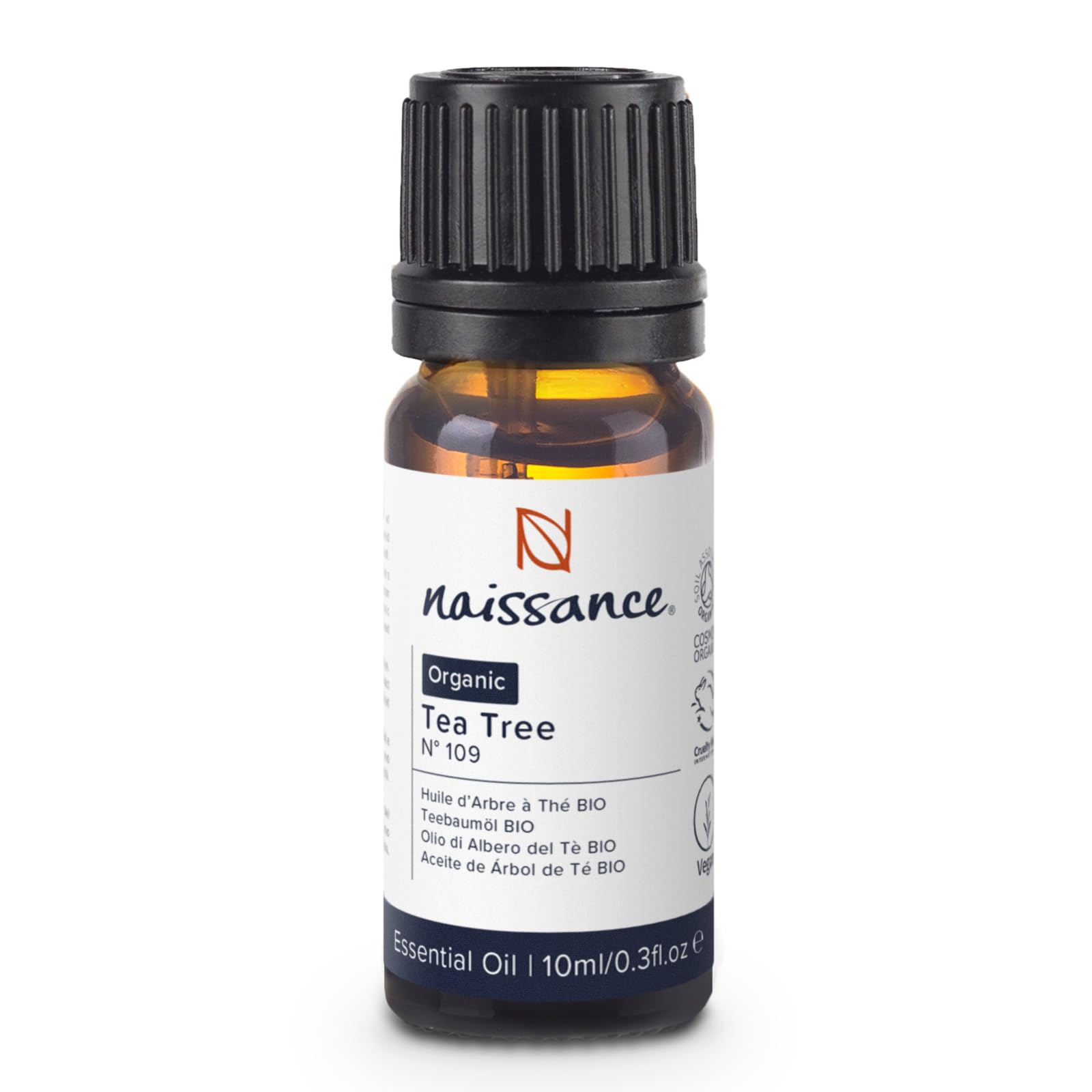 Naissance Organic Tea Tree Essential Oil (No. 109) 10ml - Pure, Natural, Certified Organic, Cruelty Free, Vegan & Undiluted - for Aromatherapy & Diffusers