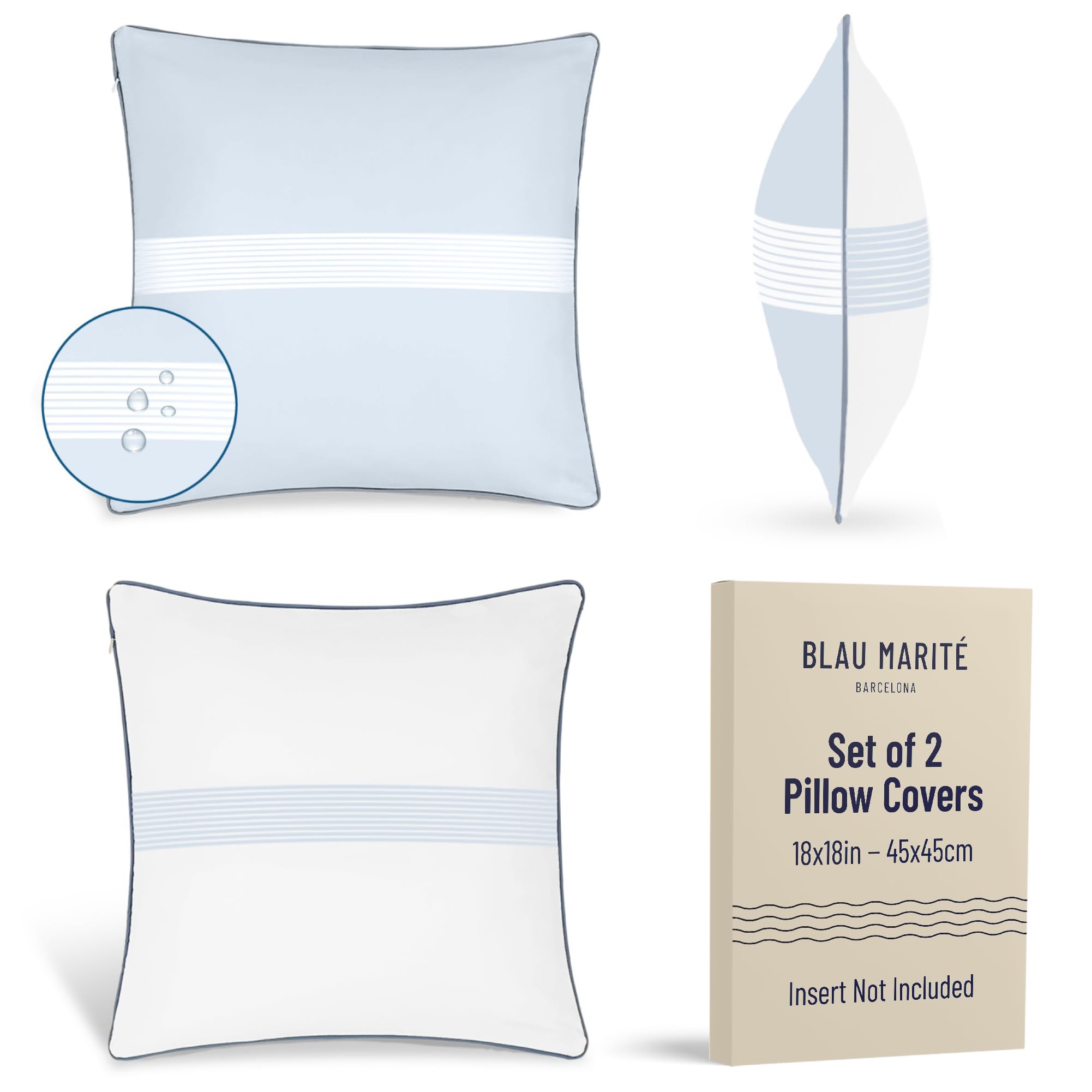 Blau Marité Set of 2 decorative cushion covers. Model FORMENTERA. Resistant, waterproof and anti-stain. Soft and cozy. For indoor and outdoor decoration. (18 x 18 inches, Blue)