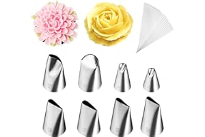 Kasmoire 8 Pcs Rose Flower Piping Tips Set,Petal Icing Tips with 10 Pcs Disposable Piping Bags for Cake Decorating