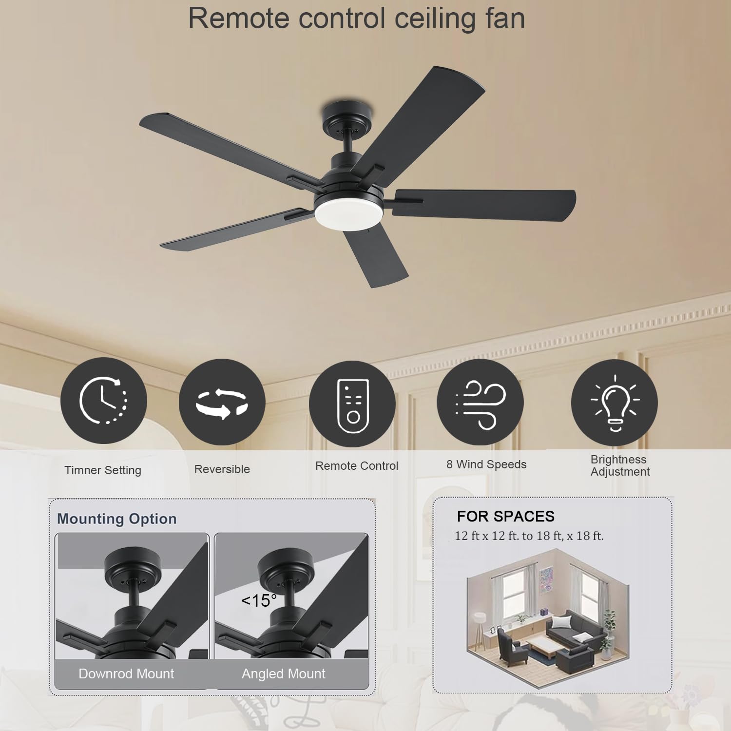 Ceiling Fans with Lights, 52 Inch Low Profile Modern Ceiling Fan with Light and Remote Control, DC Reversible Motor,Noiseless,3CCT,Dimmable, Black 8 Speeds Ceiling Fan for Bedroom Living Room