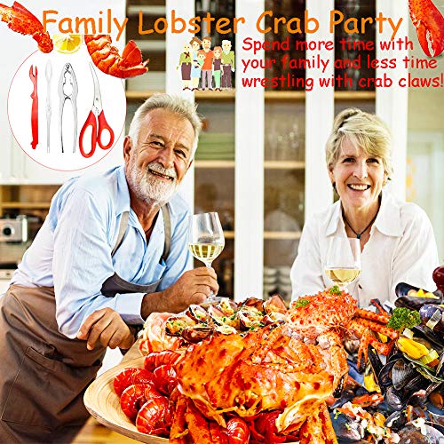 Professional Seafood Tools Picks Set Crackers Tools, 2 Nut Crackers + 1 Scissor + 6 Red Picks + 5 Stainless Steel Forks Kitchen Easy-opener Picnic Tools for Lobster, Crab Claws and Other Crustaceans