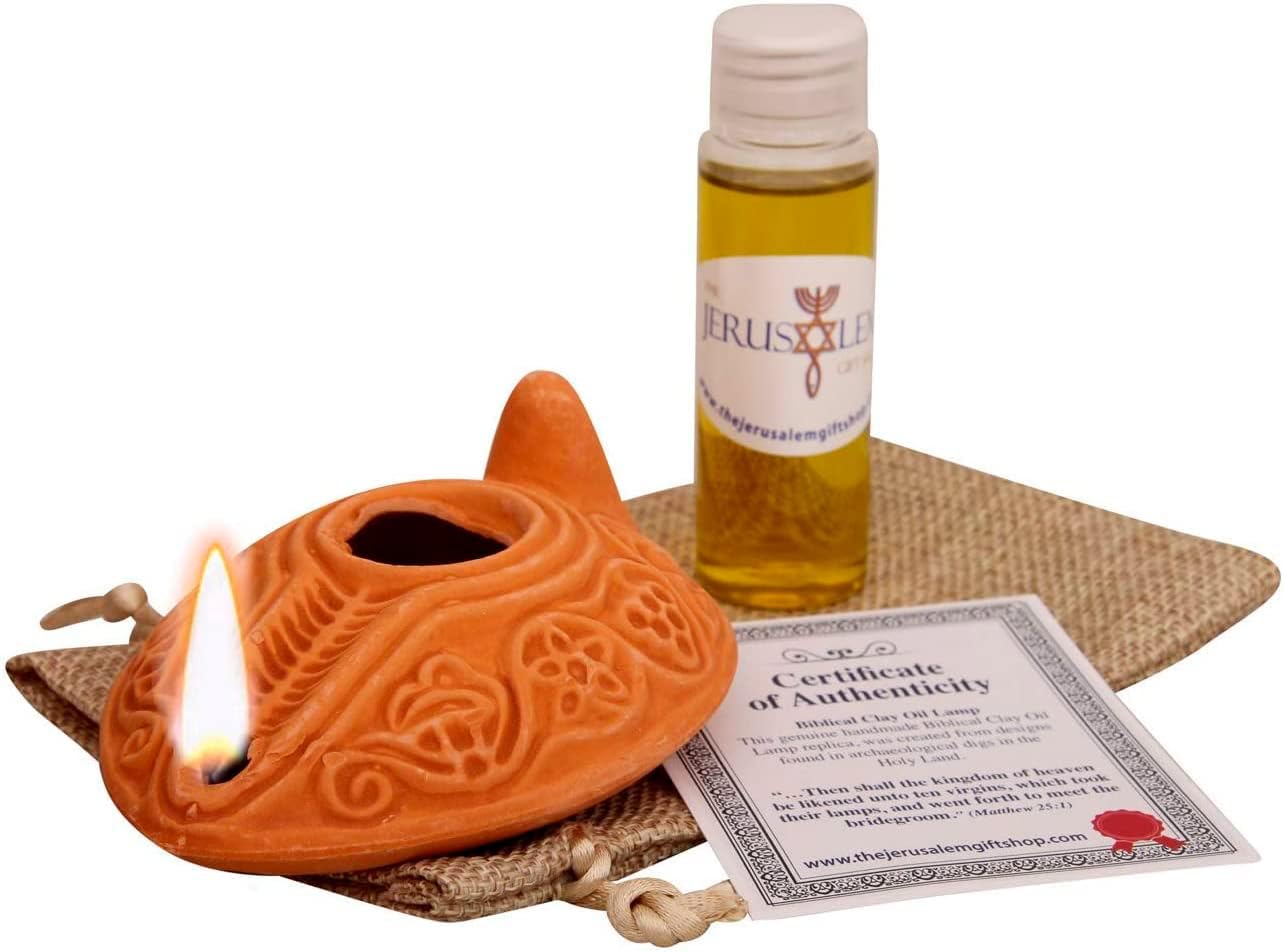 Oil Lamps & Accessories - Herodian - Biblical Replica Ancient Clay Oil LAMP and Flask of Olive Oil from Bethlehem in Gift Bag & Certificate of Authenticity Hanukkah-Judaica/Christian Gift/Messianic