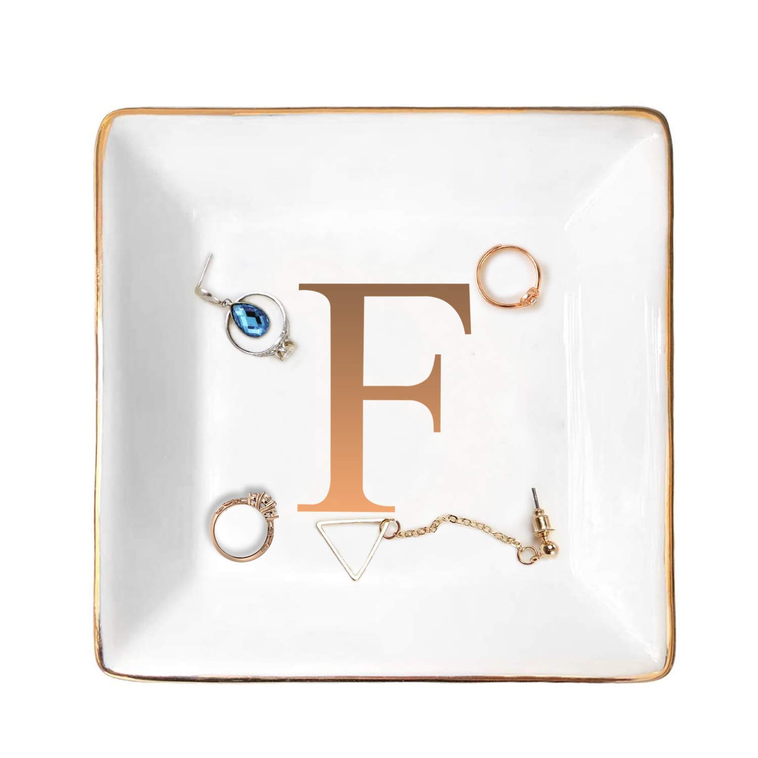 ANOTION Jewelry Tray Ring Dish with Ini-tial Gift- Personalized Trinket Dish and Jewelry Dish with Gold Initials Key Bowl Ceramic Holder, Unique Wedding or Engagement Present