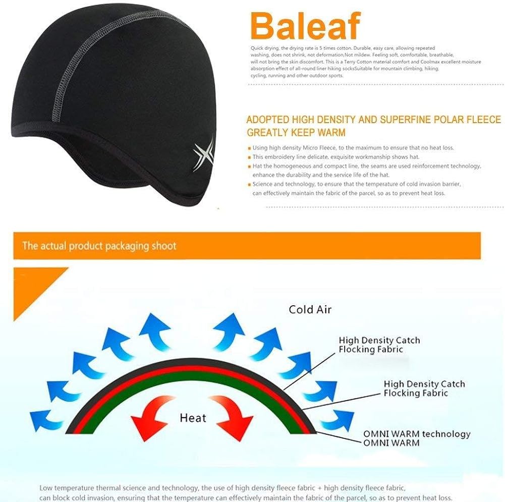 BALEAF Tough Headwear Helmet Liner Skull Cap Beanie with Ear Cover Thermal Under Helmet Cycling Running Football Winter Sports Black : Clothing