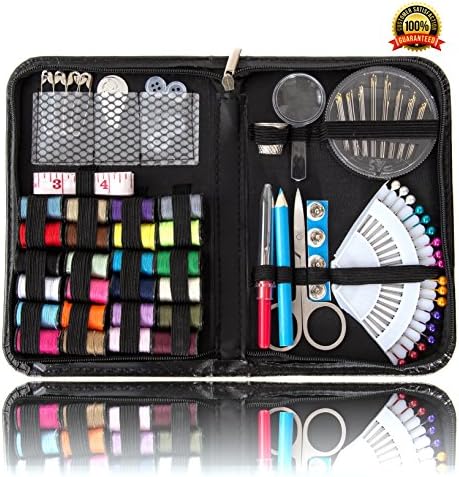 Sewing Kit by Kadin Homes - Stylish, Portable Oxford Leather - Over 120 Items For Quick Clothing Fix - Perfect For Travel, Home Use or DIY Projects - Compact Size Fits The Palm of Your Hand (Black)