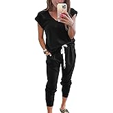 PRETTYGARDEN Women's Two Piece Tracksuit Casual Summer V Neck Short Sleeve Tops Drawstring Jogger Pants Lounge Outfit Sets