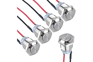 DMWD 5pcs 16mm Latching Metal Push Button Switch High Round Head with Pre-soldered Cable 1NO 12V 24V 36V 110V 250V Waterproof IP66 Without LED (Silver)