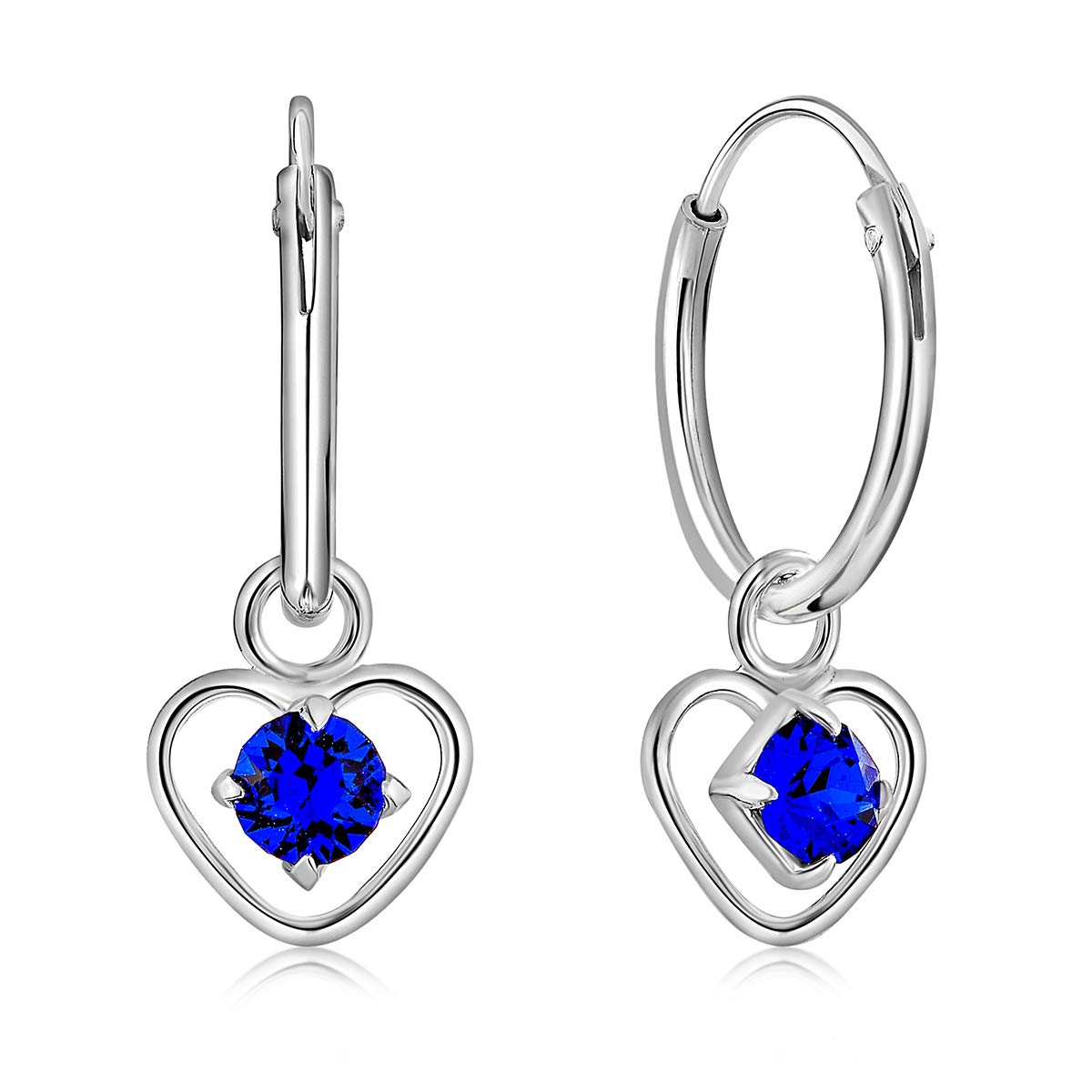 925 Sterling Silver Small Hoops Earrings with Dangling Round Crystals 3 mm - Blue Crystal Earrings - Thickness 1.5 mm - Diameter: 12 mm — image 1