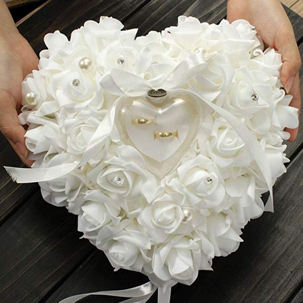 Wedding Ring Pillow, White Ring Pillow Lace Crystal Rose Wedding Heart Ring Box Ring Holder