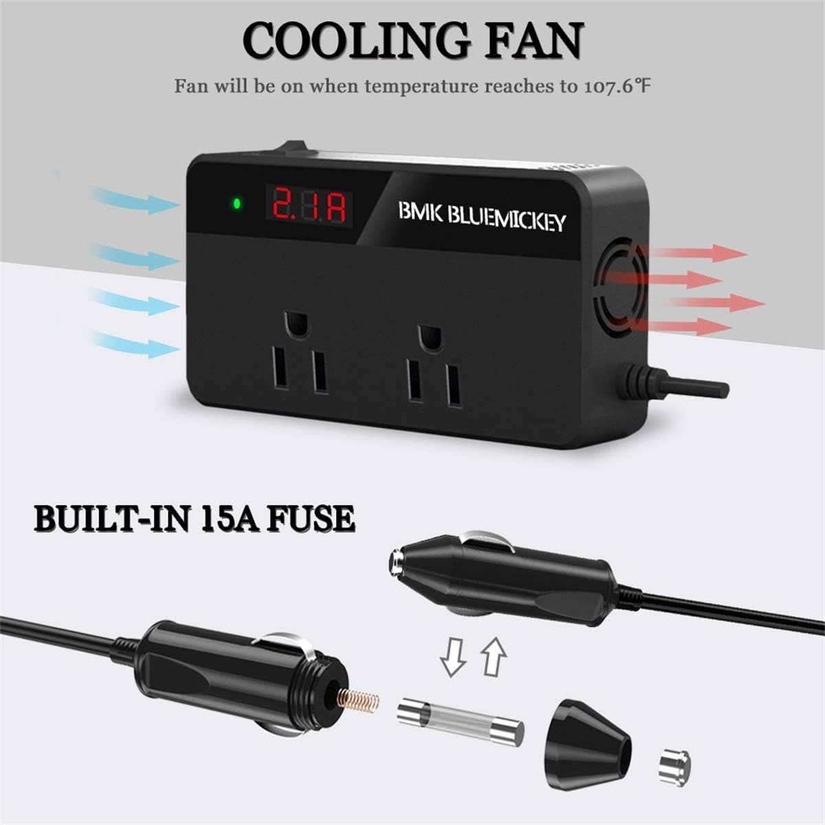 BMK 200W Car Power Inverter DC 12V to 110V AC Car Inverter 4 USB Ports Charger Adapter Car Plug Converter with Switch and Current LCD Screen: Car Electronics