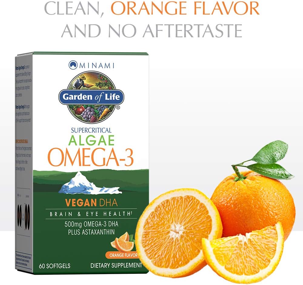 Garden of Life Minami Algae Omega 3 Vegan DHA for Brain and Eye Health - Orange Flavor, 500mg Plant Based DHA Omega-3 Vegan Algae Oil Plus Astaxanthin, No Aftertaste, 60 Easy-to-Swallow Mini Softgels: Health & Personal Care