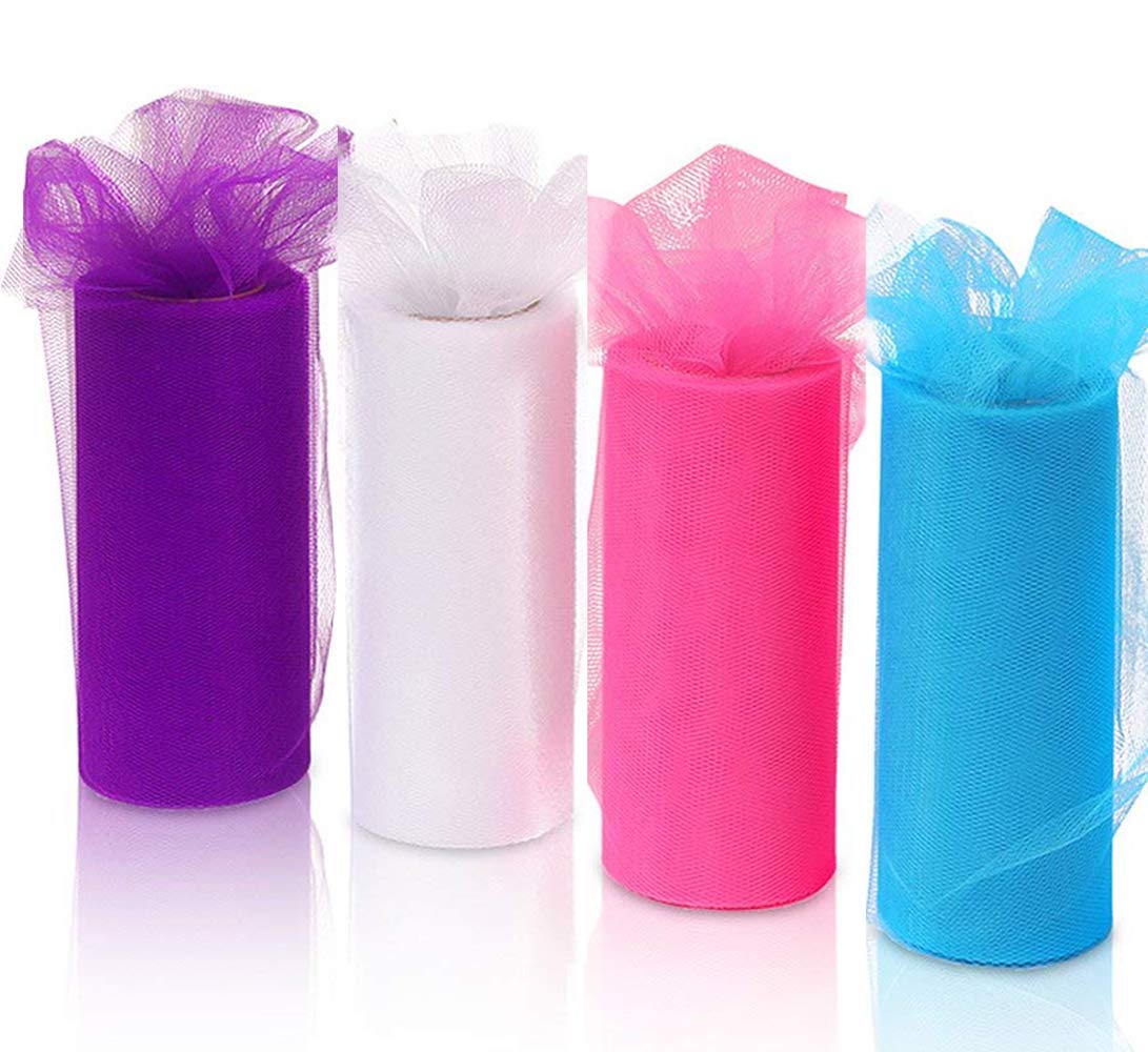 IBEILLI Tulle Fabric Rolls 4 Spools 6in x 25 yards for Craft Wedding Party Decorations Tulle Ribbon Bolt