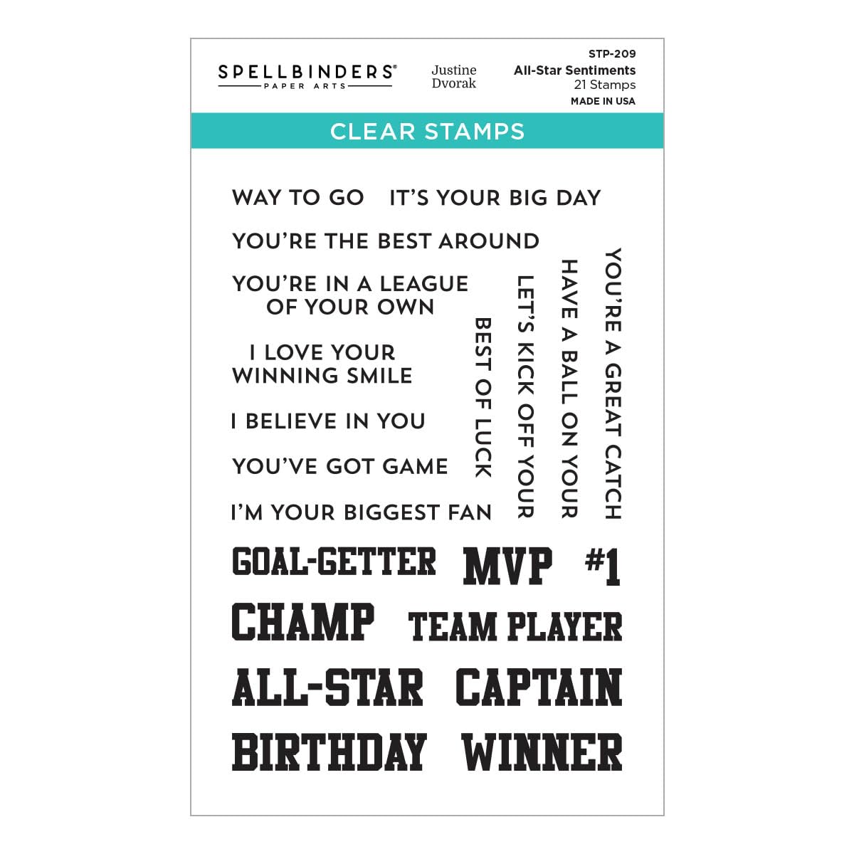 Spellbinders All-Star Sentiments Clear Stamp Set from The Game Day Collection by Justine Dvorak
