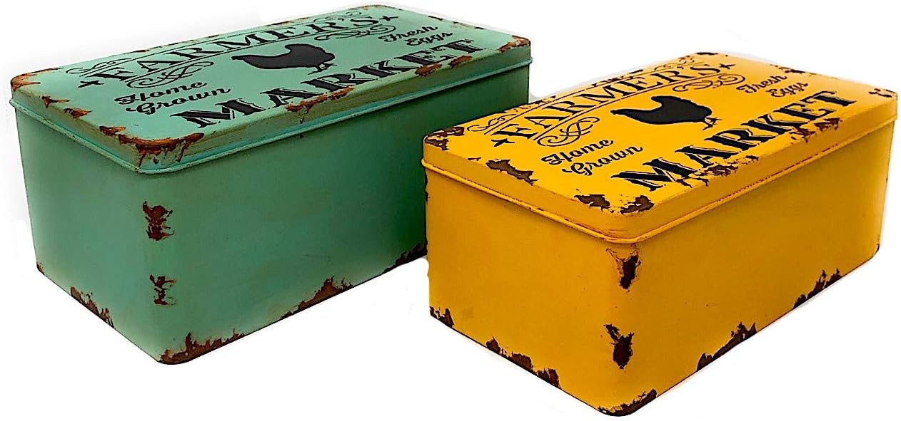 Storage Boxes With Covers Tin Metal Stackable Decorative Craft Photos Keepsake " Farmer's Market " Chicken Theme (Set of 2)