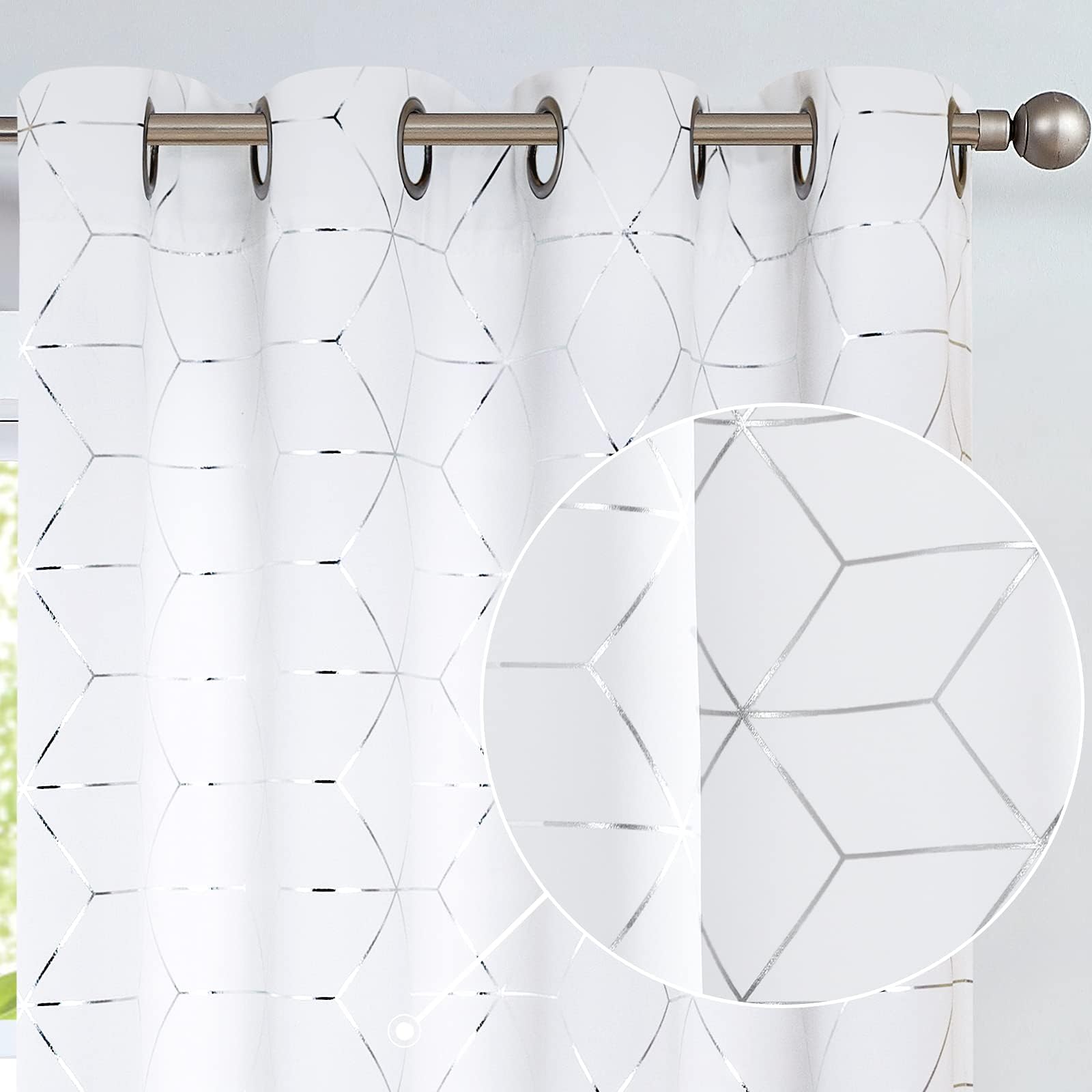 Vangao White Curtains 84 Inches Length 2 Panels for Living Room Bedroom Silver Diamond Foil Print Light Filtering Grommet Top Window Drapes