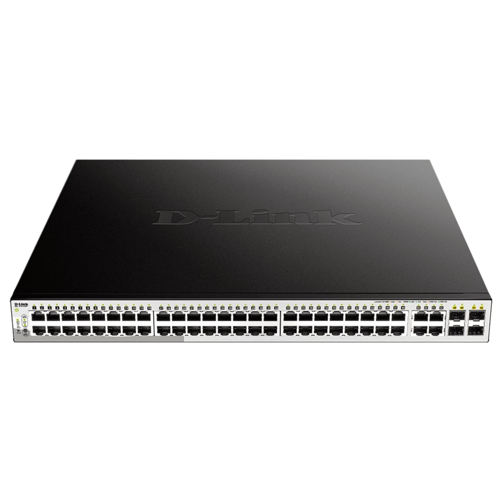D-Link DGS-1210-52MP 52-Port Gigabit Smart Managed PoE Switch, 48 x 10/100/1000BASE-T PoE ports, 4 x Gigabit GbE/SFP Combo Ports, L2+ Static Routing, Surveillance Mode, 370 W PoE Budget , Black