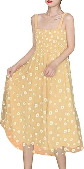 Amazon Co Jp ニカ ワンピース レディース 夏服 ノースリーブ Aラインワンピース スクエアネック チュール ハイウエスト 吊り ワンピース ファッション 可愛い カジュアル お出かけ デートイエロー 服 ファッション小物