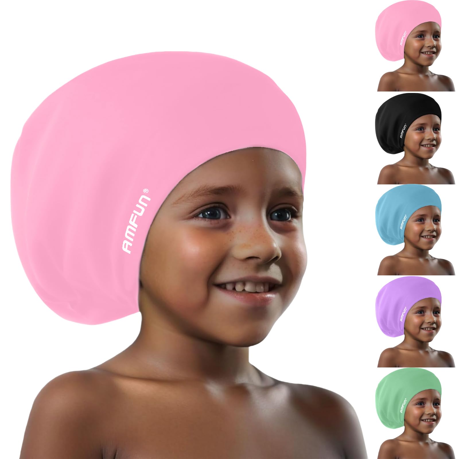 AMFUN Kids Extra Large Swimming Cap for Long Hair, 100% Silicone, Elastic Anti-slip, Hypoallergenic, Waterproof, Ear Protection, Black/Pink, 6-14 Years, Unisex-Kids, Youth — image 1