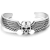 COOLSTEELANDBEYOND Open Cuff Skull Bracelet with Wing Design, Gothic Punk Biker Jewelry for Men, Steel Statement Cuff