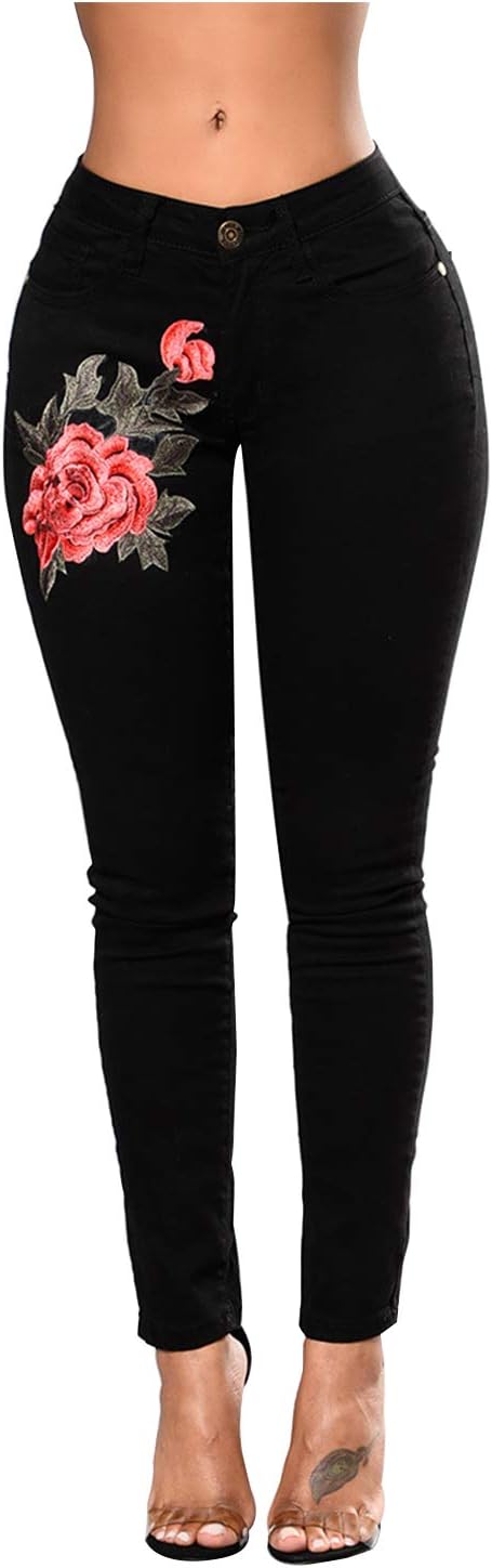 Womens Denim Skinny Ripped Slim Jeans, Embroidered Flower Small Feet Elastic Trousers Size S-XXXL